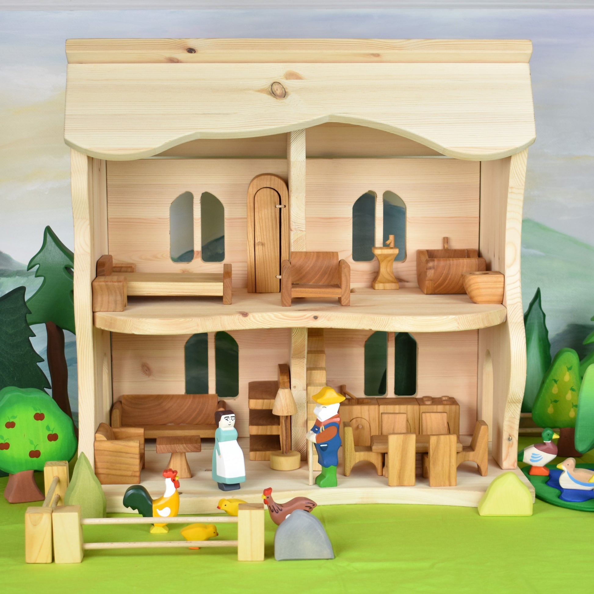 The Little House in the Forest Wooden Doll House Hand-made All Natural Easy  to Assemble Dolls Toys Figurine Furniture Toy Waldorf Toys 